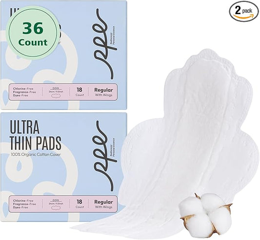 100% Organic Pads for Women, Organic Cotton Cover Pad - Regular Absorbency, Unscented, Ultra Thin Pads with Wings for Women (Regular, Size 3, 36 Count)