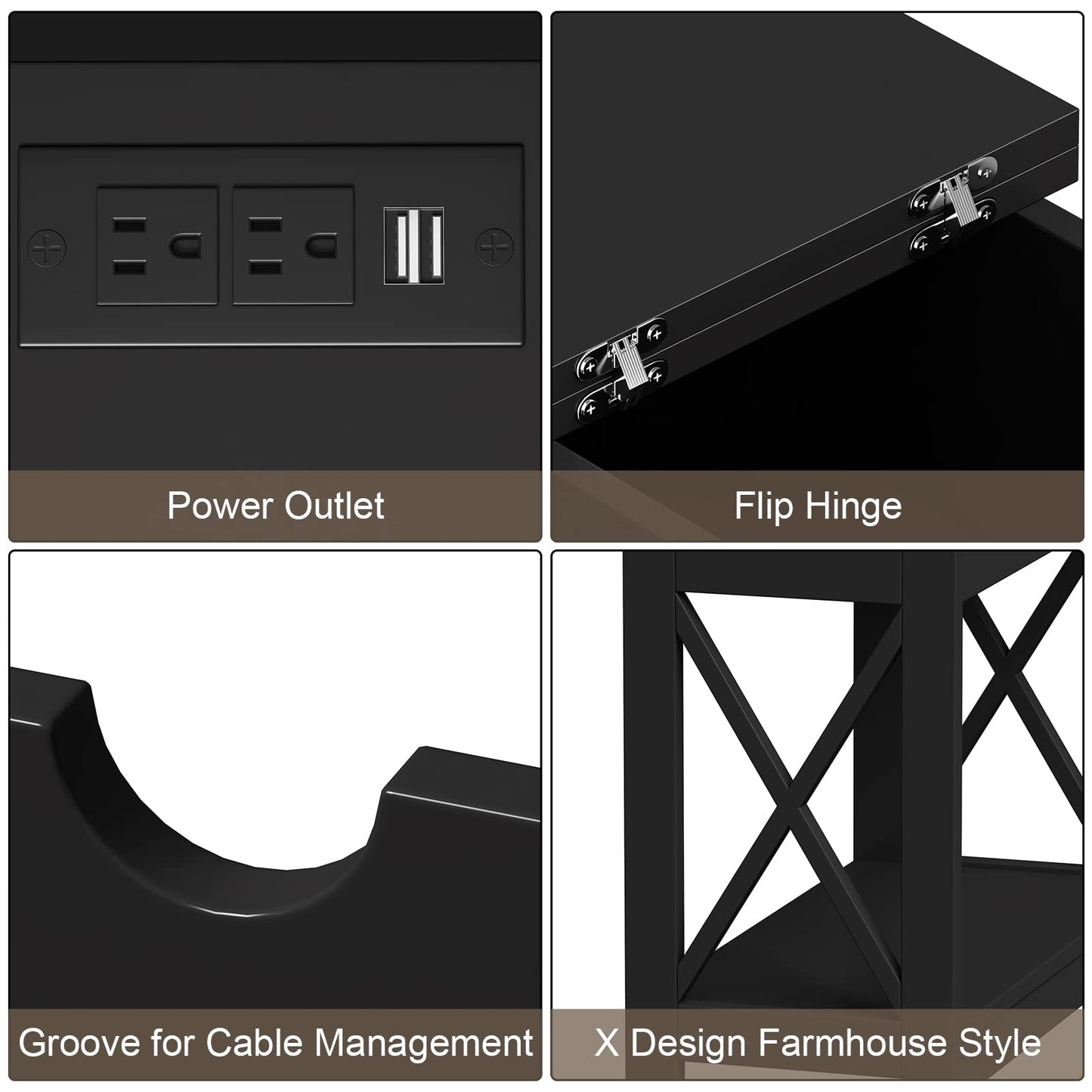 ChooChoo End Table with Charging Station, Narrow Flip Top Side Table with USB Ports & Power Outlets for Small Spaces, Nightstand Sofa Table for Living Room, Bedroom, Black, 2 Pack