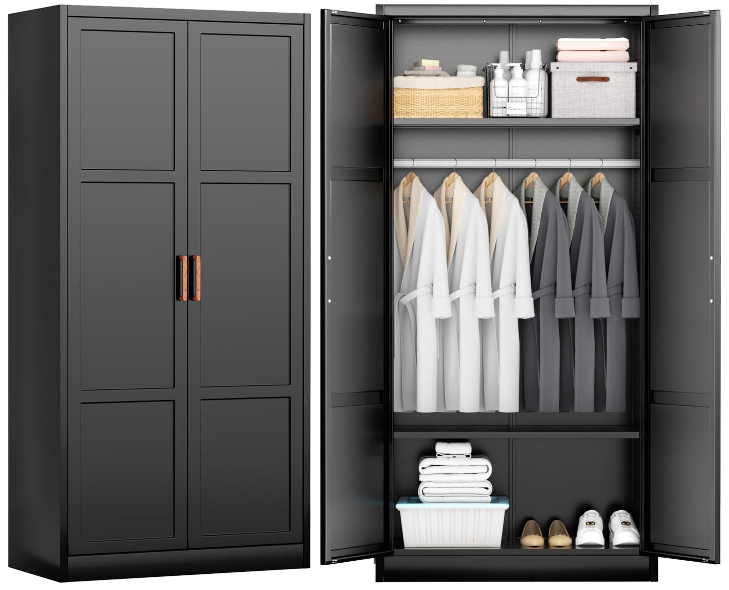 INTERGREAT Metal Storage Cabinet with Hanging Rail, Black Armoire Wardrobe Closet with 2 Doors,72" H Storage Closet Cabinets with Adjustable Shelves and Removable Hanging Rods