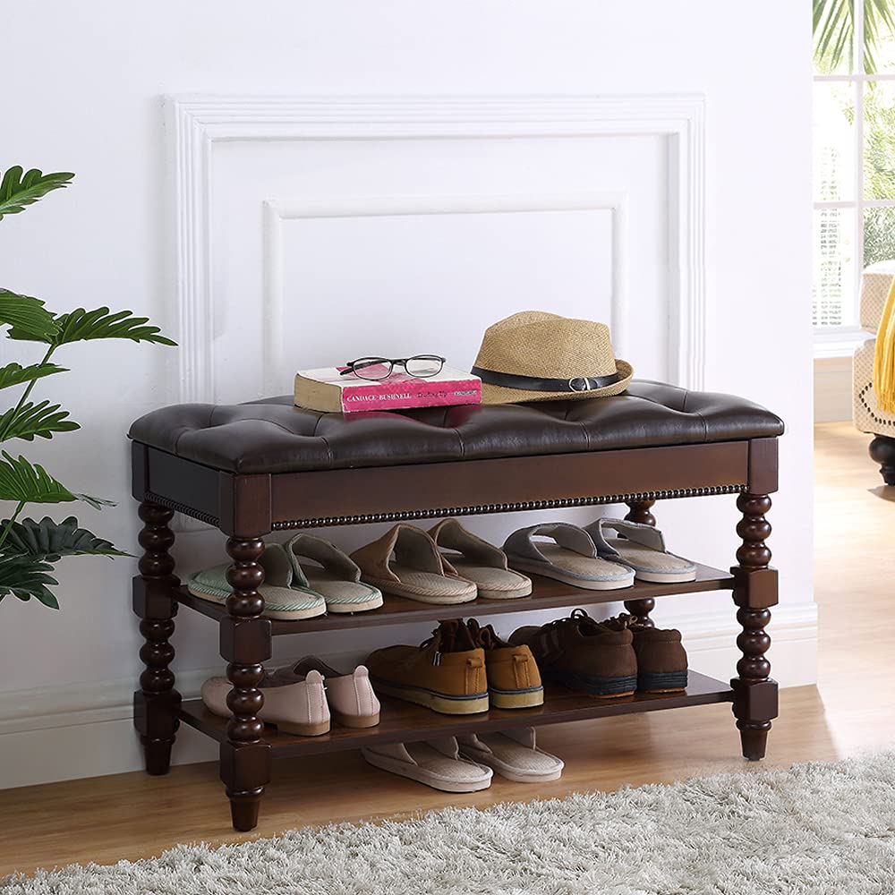 LEILISI Shoe Bench, Wood Storage Bench with Cushion Seat, Shoe Rack with Hidden Storage Space for Entryway Living Room Bedroom Hallway (Walnut, 31.5'')