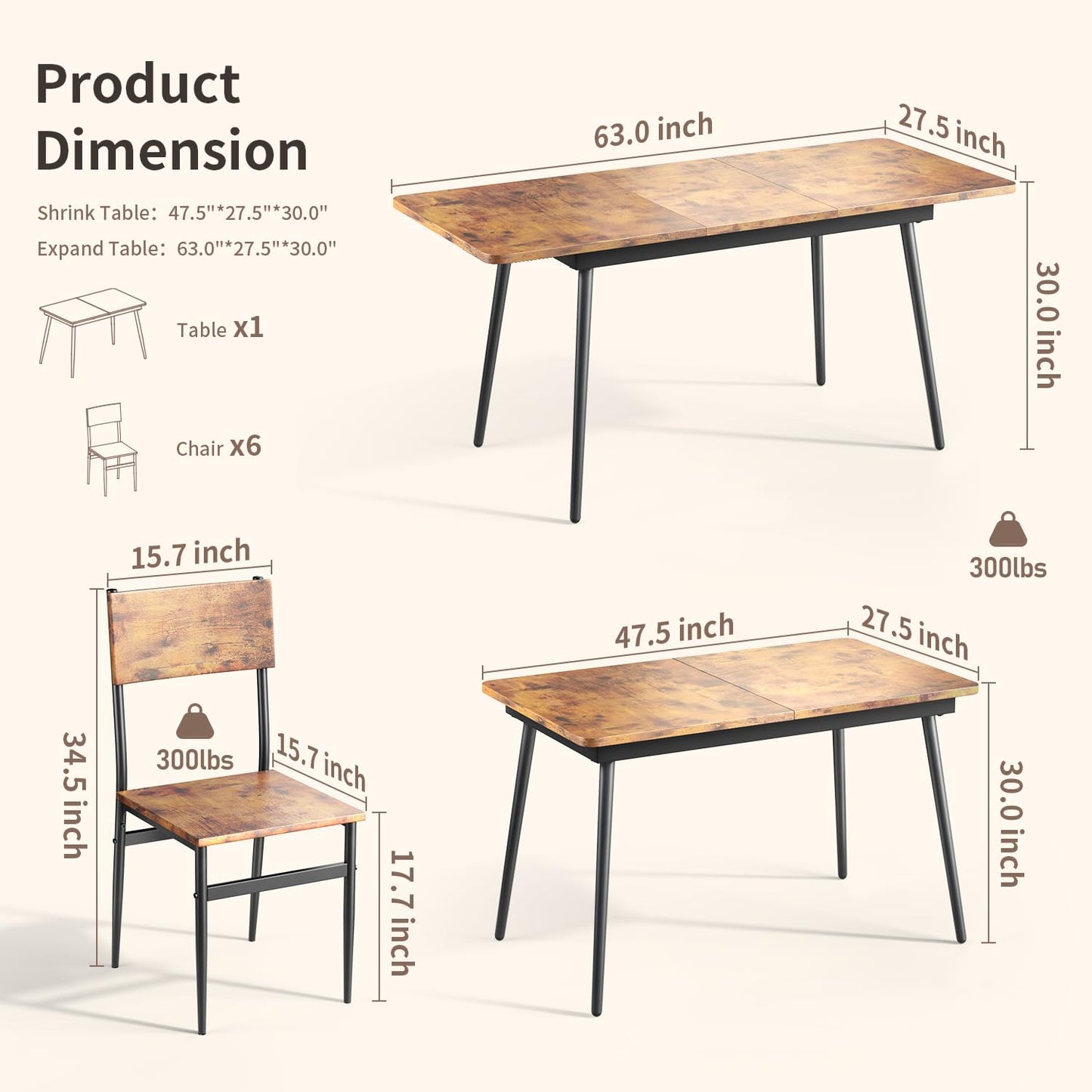 Qsun 63” Extendable Dining Table Set for 4-6 People, 7-Piece Dining Table Set for 6 People with 6 Chairs, MDF Wood Board Kitchen Table Set for Small Space and Apartment, Rustic Brown