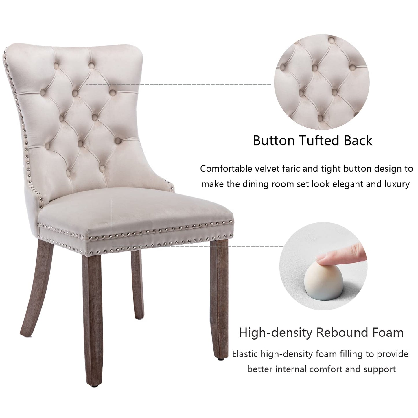 Beige Velvet Dining Chairs Set of 4, Upholstered Dining Room Chairs with Back Ring Pull Trim and Solid Wood Legs, Tufted Wingback Kitchen Chairs for Dining Room,Living Room,Kitchen(Beige)