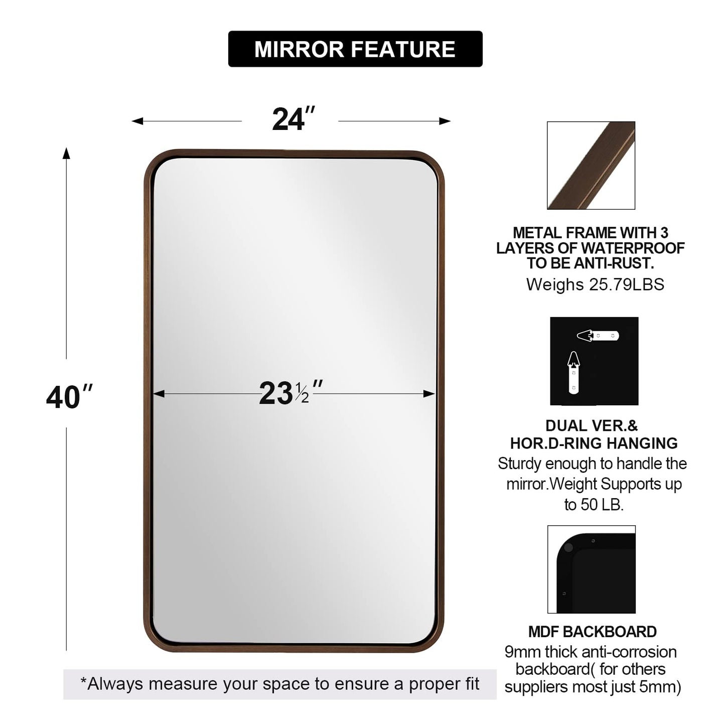 ANDY STAR Bronze Bathroom Mirror, 24x40’’ Rounded Rectangle Oil Rubbed Bronze Mirror in Premium Tube Metal Framed 1’’ Deep Wall-Mounted Mirror Horizontal/Vertical