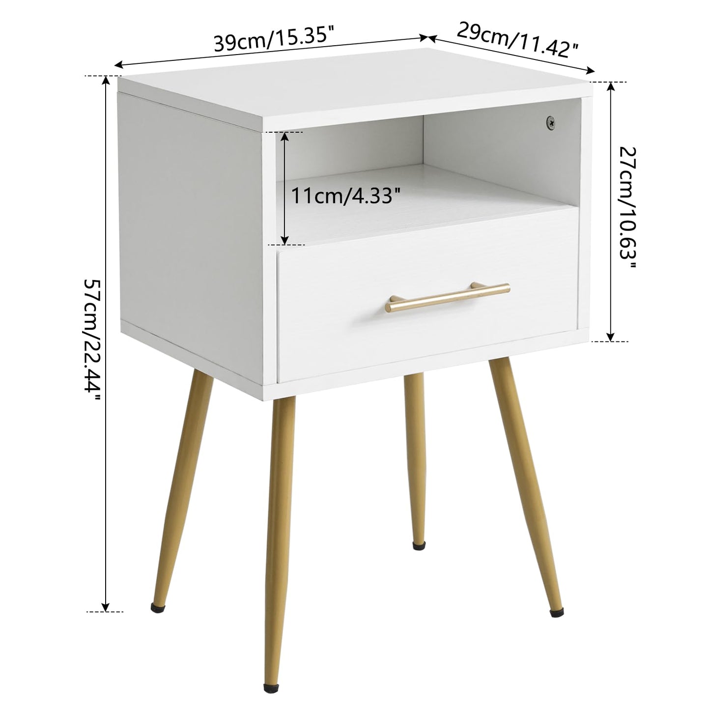 IBUYKE Nightstand, Mid Century Modern Night Stand, Bedside Table with Drawers and Open Storage Shelf, End Side Table with Metal Legs, for Bedroom, Small Spaces, White UWNS004W