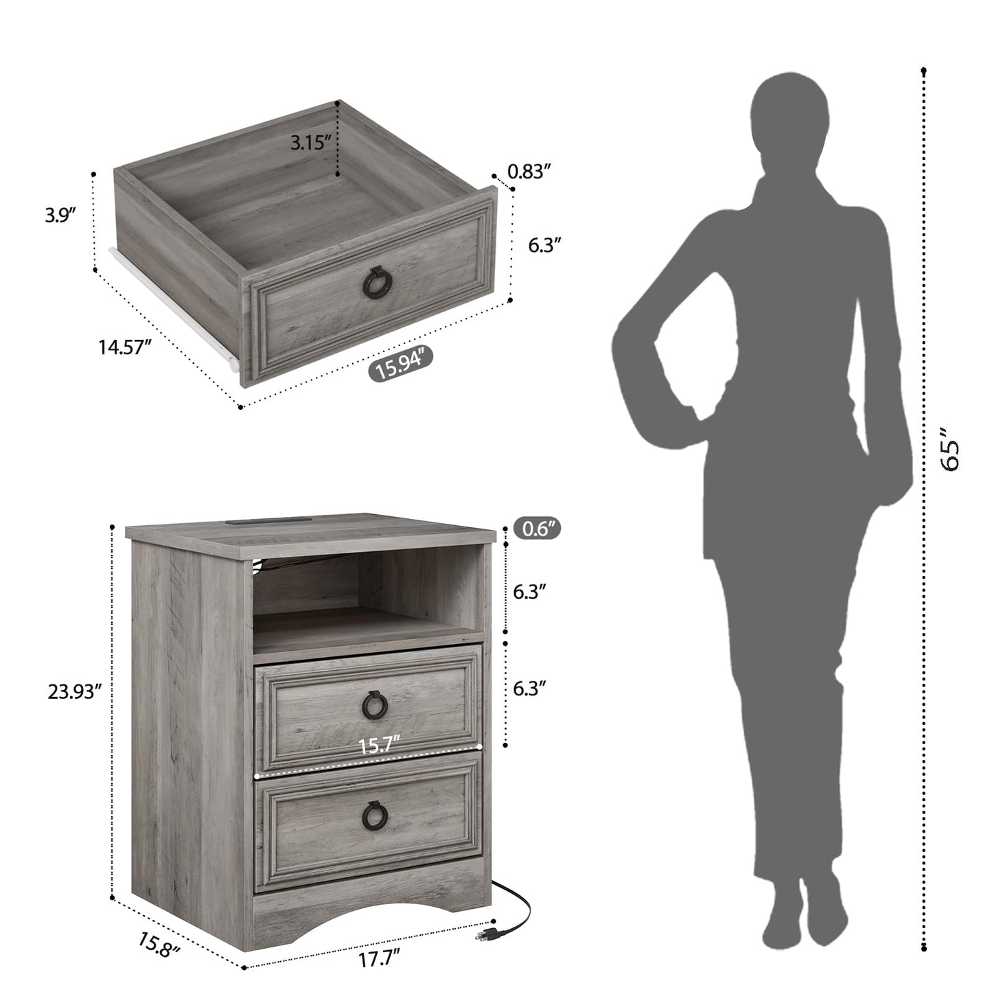 LGHM Nightstand with Strip Lights,USB Outlets Set of 2, Night Stand with Drawers, Accent Bed Side Table and End Table with Open Storage for Bedroom, Living Room,Gray