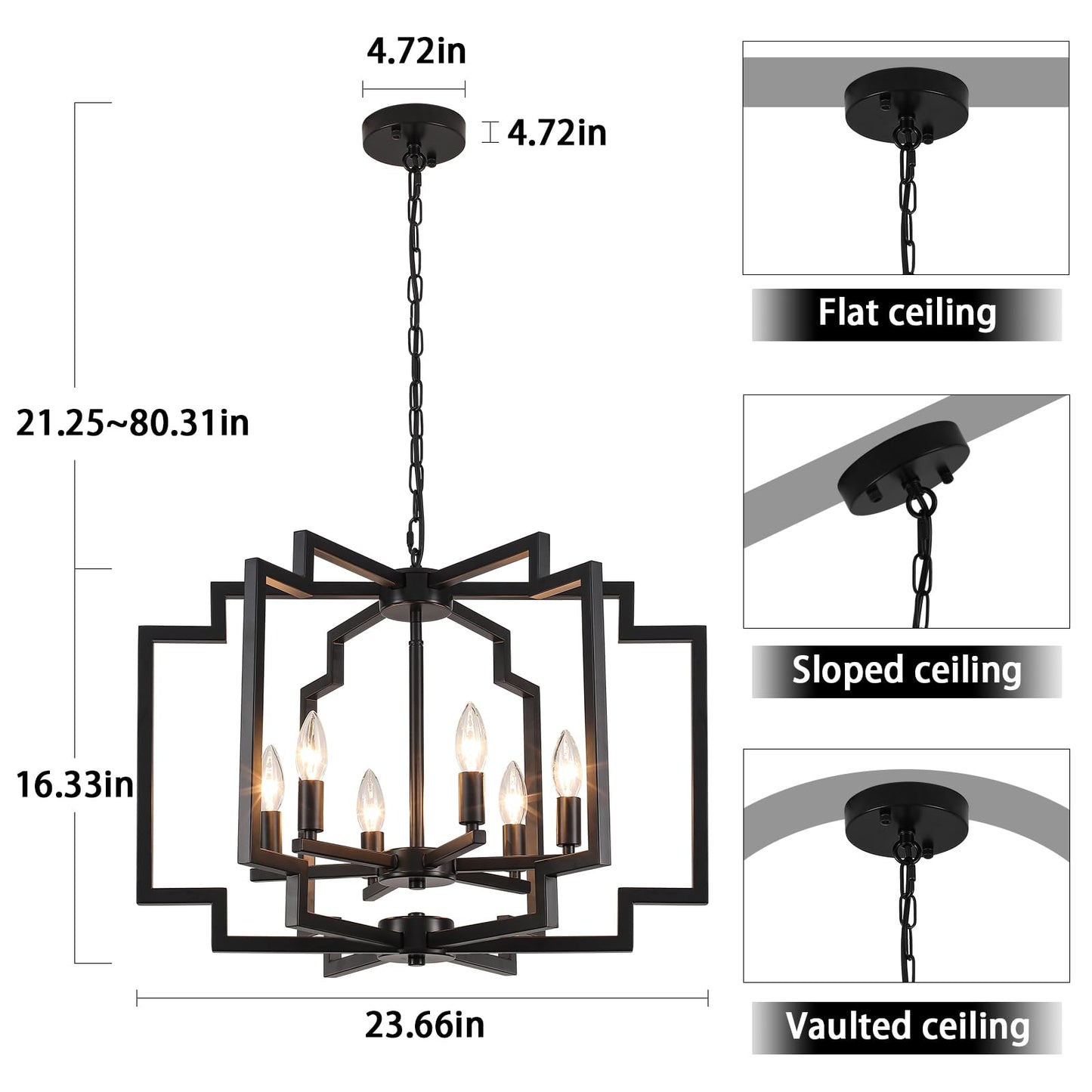 ASHUAQI 6-Lights Black Chandelier for Dining Room, Modern Farmhouse Chandelier Over Table, Geometric Metal Hanging Light Fixture for Kitchen Island Living Room Entryway Foyer Hallway