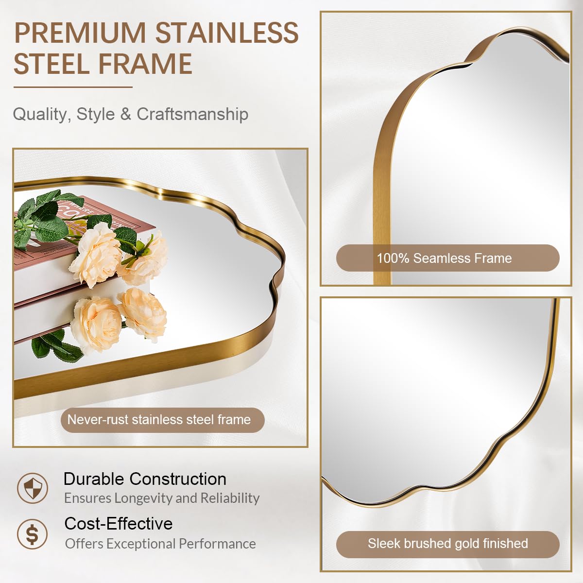ANDY STAR Scalloped Bathroom Mirror, 24x36 Inch Brushed Gold Vanity Mirror in Stainless Steel Metal Frame, Unique Oval Mirror with Modern Curved Edge Design, Ideal for Bathroom, Bedroom, Entryway