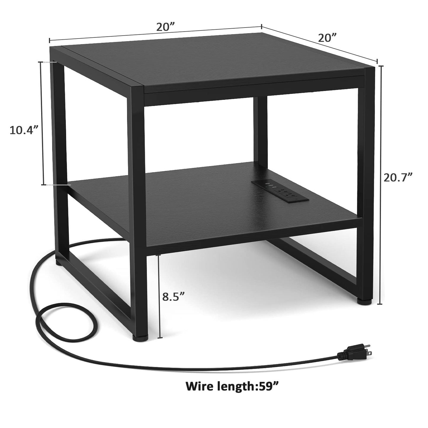 Homieasy End Table with Charging Station, 20 Inch Mini Fridge Stand with 2-Tier Open Shelf, Square Bedside Nightstand & Sofa Side Table for Living Room, Dorm, Office, Black