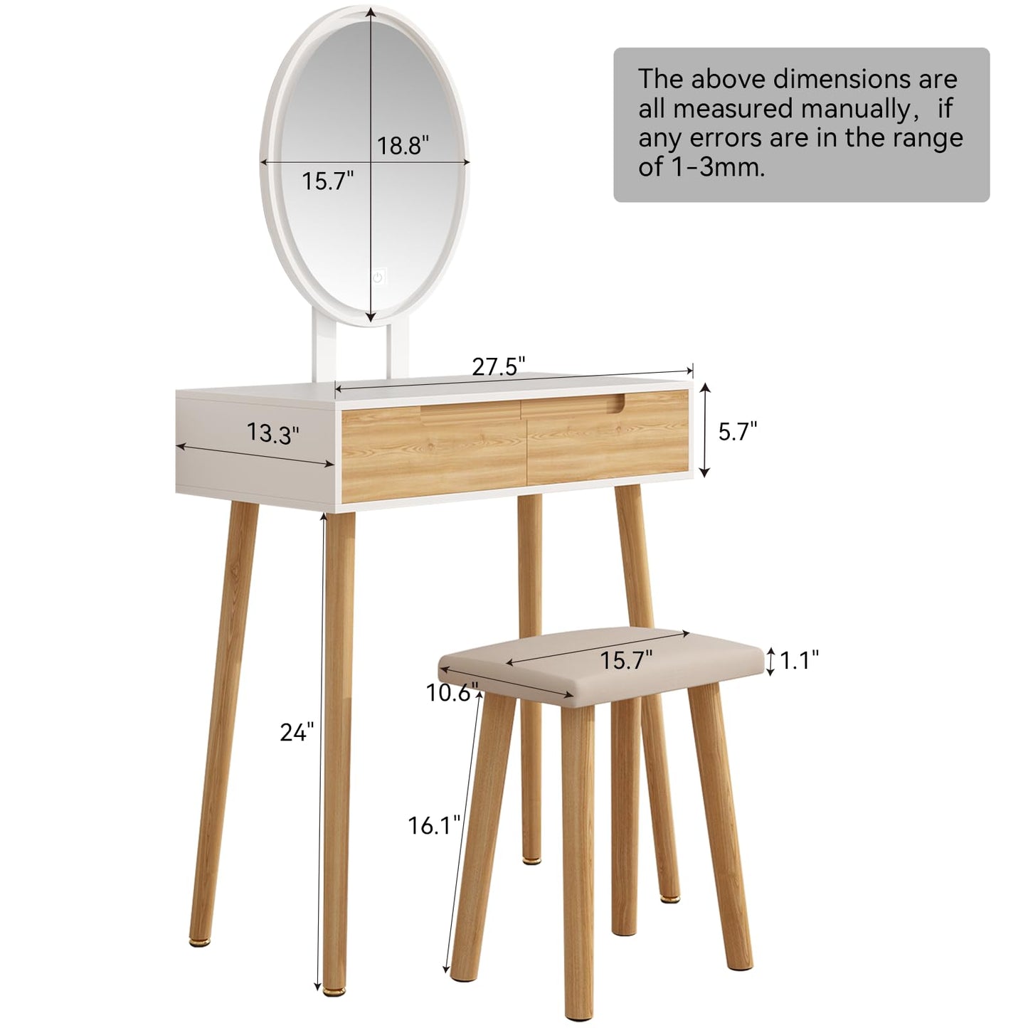 YOURLITE Makeup Vanity Desk with Lights, Small Vanity with Adjustable Brightness Mirror for Small Spaces, Dressing Table with Drawers 27.5", Oval Mirror Wood