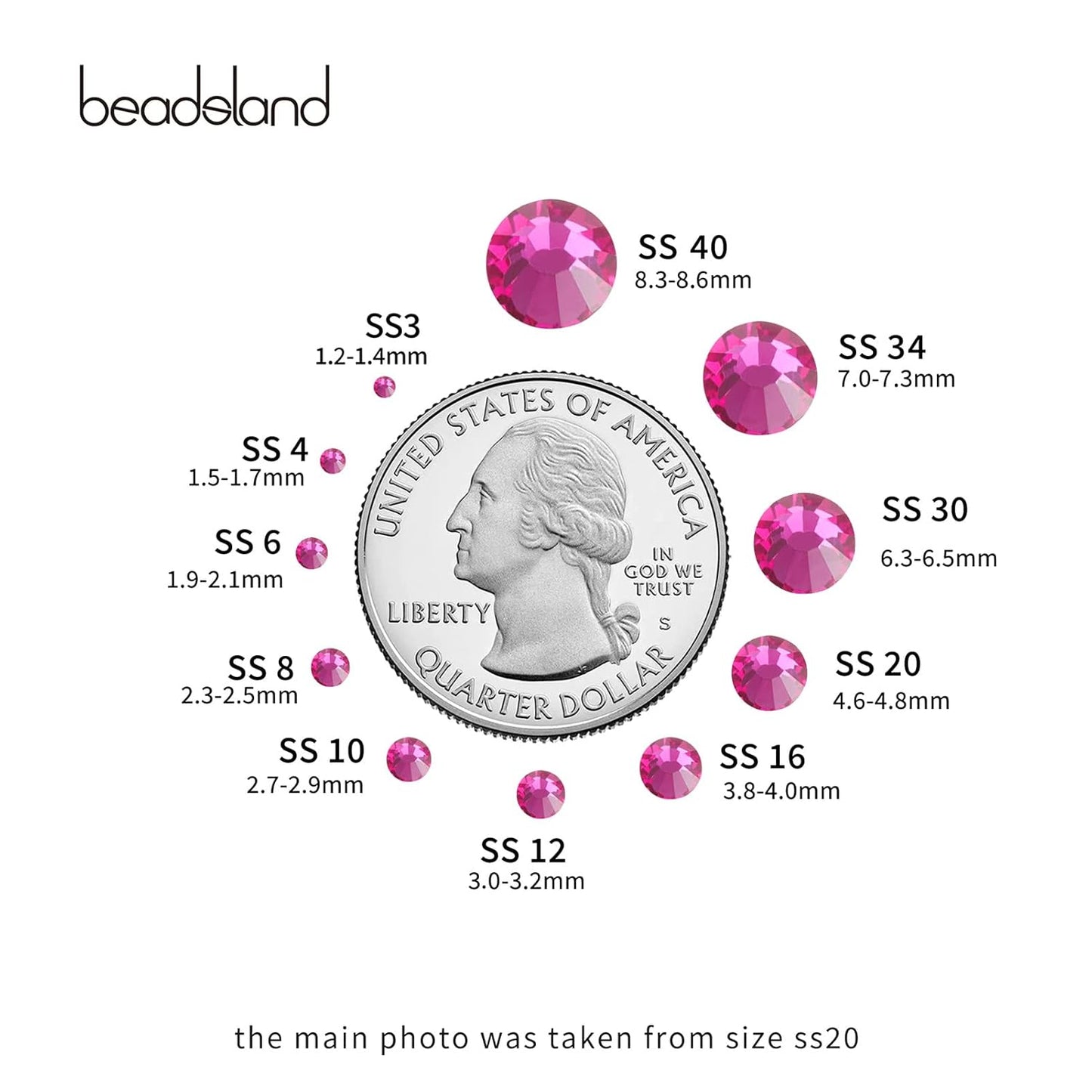 Beadsland 1440pcs Flat Back Crystal Rhinestones Round Gems for Nail Art and Craft Glue Fix, Fuchsia,SS6,1.9-2.1mm