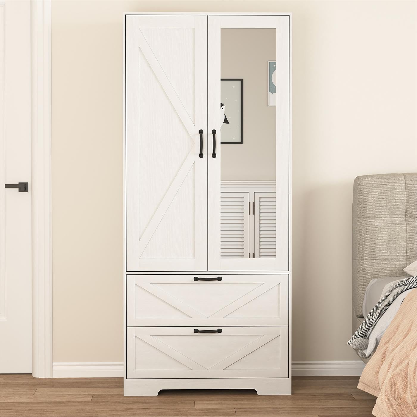 UZUGUL Armoire Wardrobe Closet with Mirror and 2 Drawers, 72'' Bedroom Armoire Wardrobe Cabinet with Hanging Rod and Light,Wooden Bedroom Closet with Adjustable Shelf