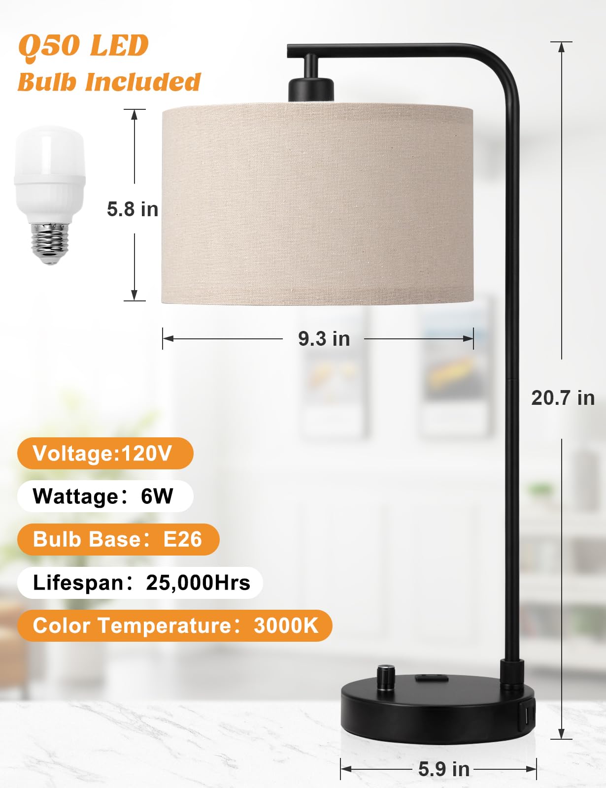 Tall Table Lamp with USB Port and Outlet, Dimmable Nightstand Bedside Lamps with Linen Lampshade, Desk Lamp for Bedroom, Living Room, Guest Room, Home Office, LED Bulb Included