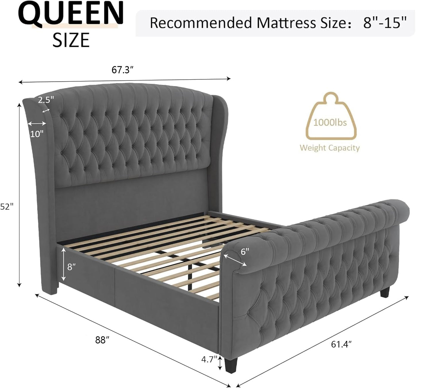 AMERLIFE Queen Size Platform Bed Frame, Velvet Upholstered Sleigh Bed with Scroll Wingback Headboard & Footboard/Button Tufted/No Box Spring Required/Grey