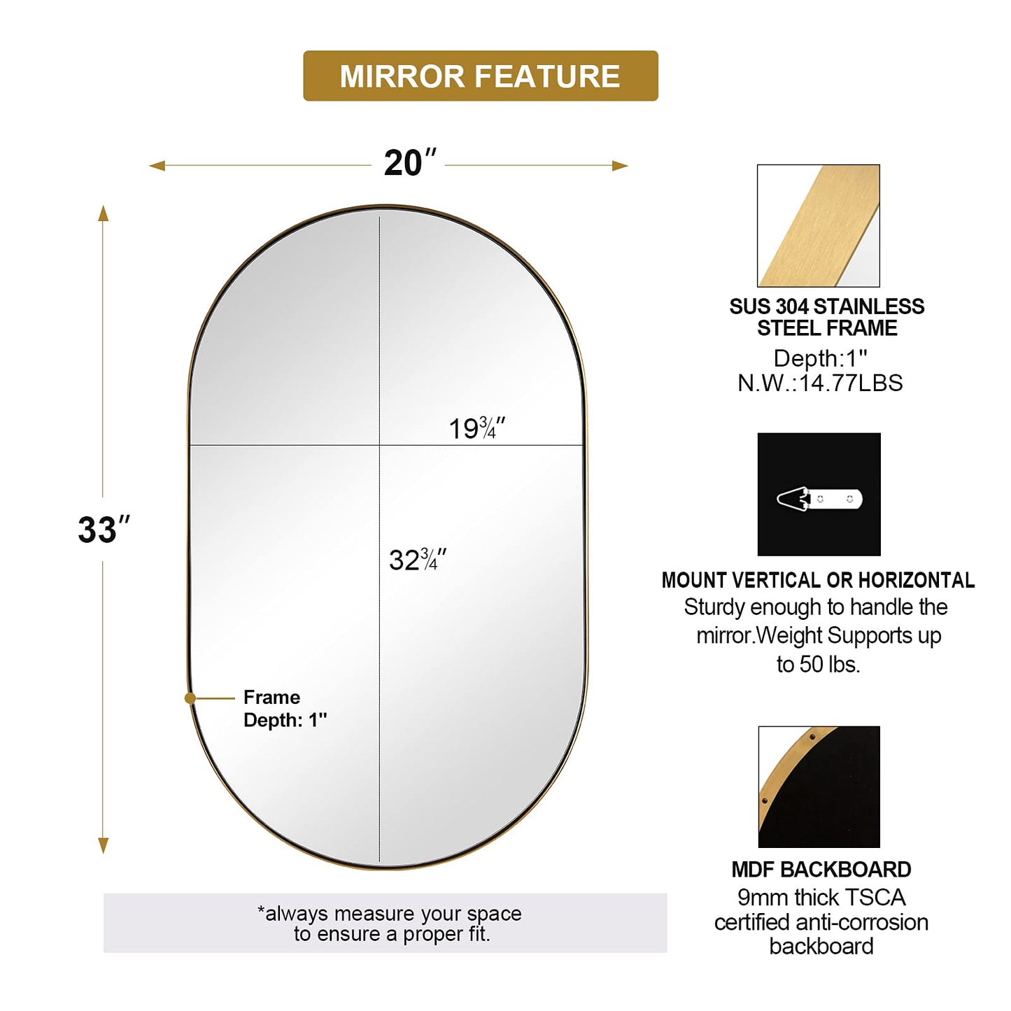 ANDY STAR Oval Bathroom Mirror, 20x33’’Oval Gold Mirror Stainless Steel Metal Frame Mirror for Bathroom, Entryway, Living Room, Contemporary 1" Deep Set Design Wall Mount Hangs Vertical or Horizontal