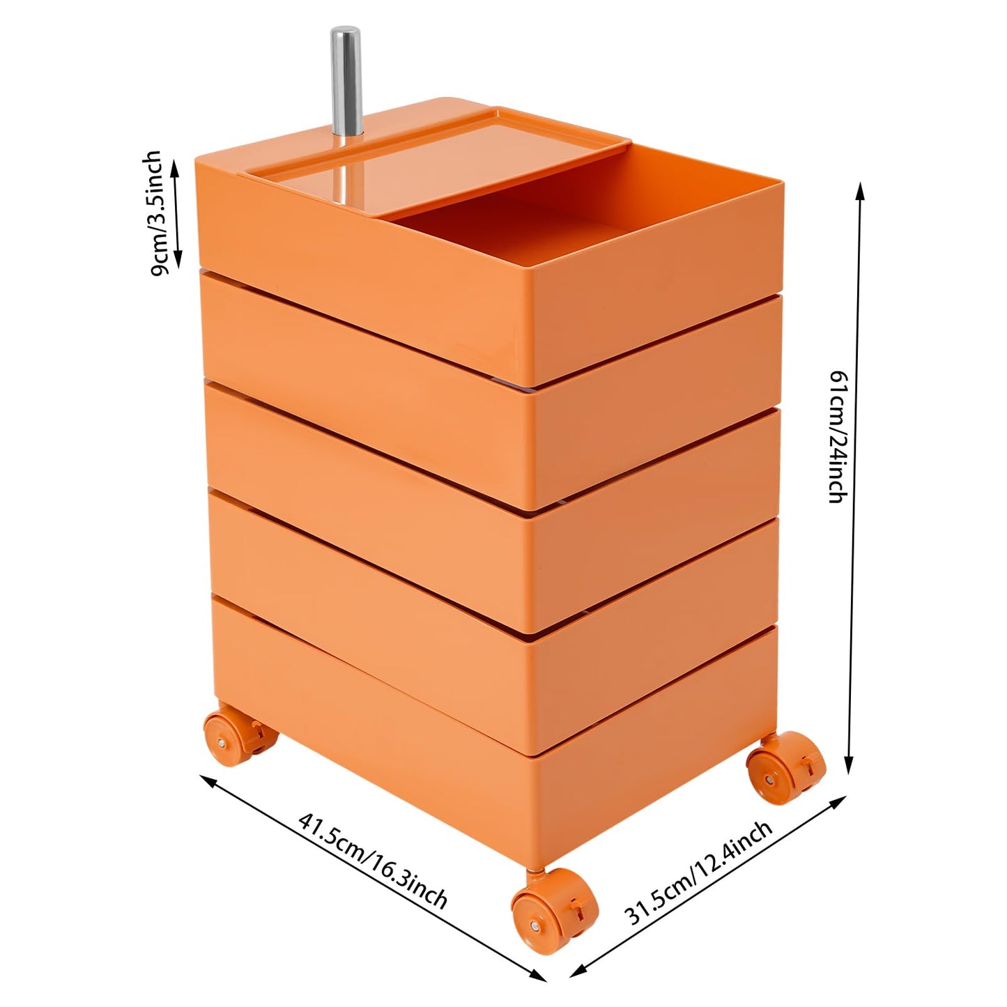 Namiose 360° Movable Rotating Storage End Table Sofa Side Cabinet Laptop Bedside Table with 5 Tiers Shelves 4 Universal Casters for Living Room Bedroom Sofa Dormitory (Orange)