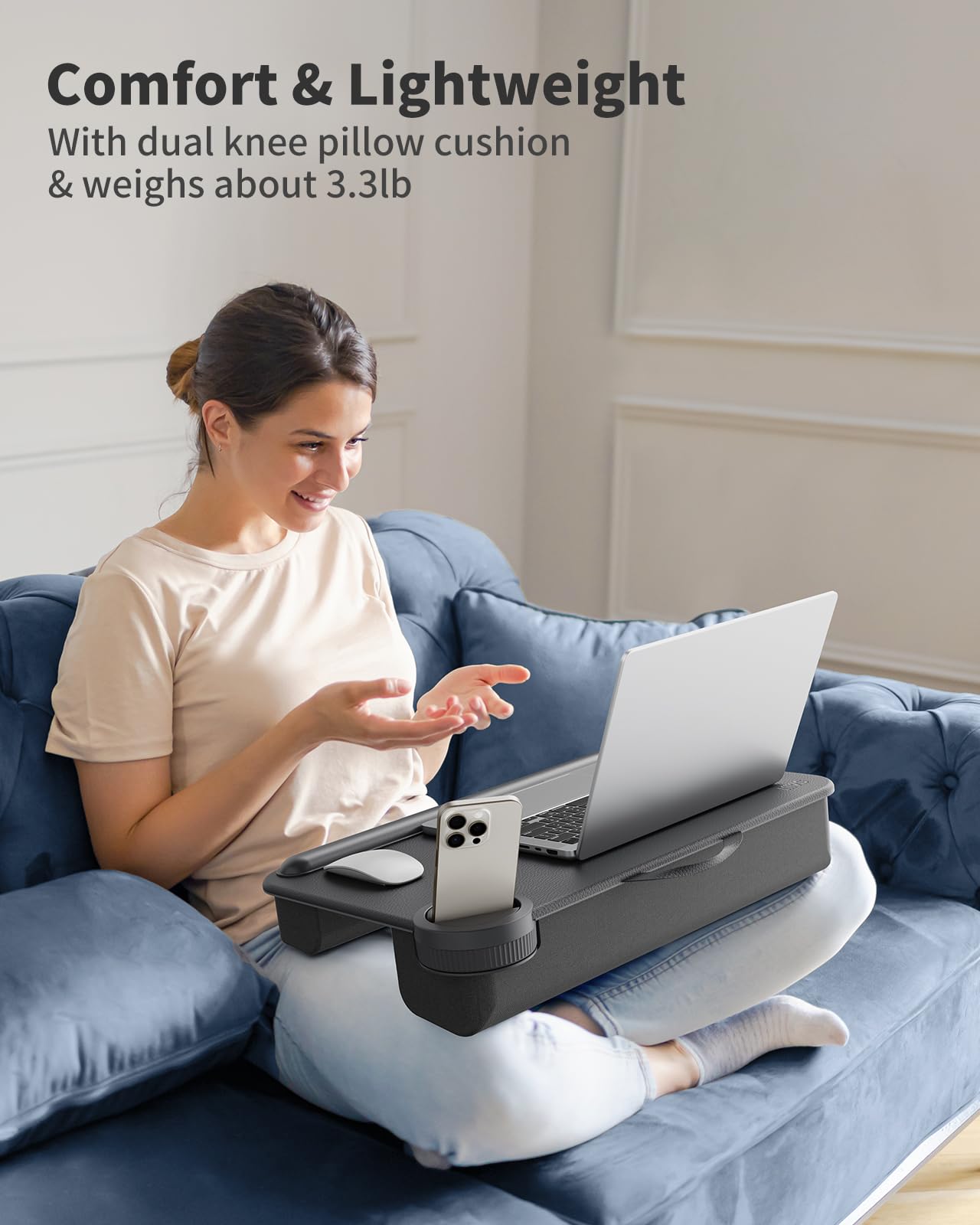 SAIJI Laptop Lap Desk - Fits Up to 17" Laptops, Lightweight Lap Tray Table Stand with Soft Leather Wrist Pad, External Monitor Holder, Lap Desk with Cushion for Home Office Working/Gaming On Couch