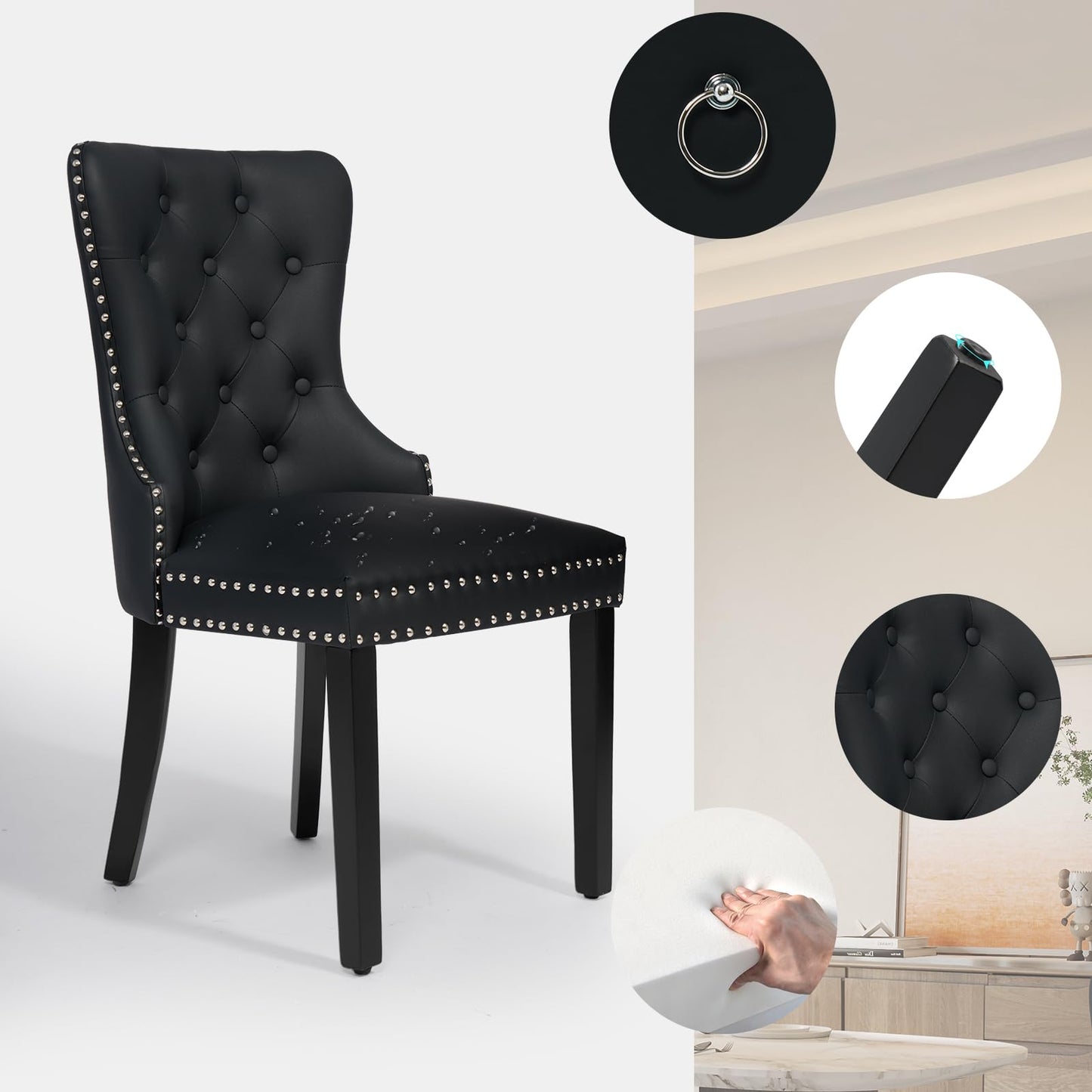 PU Leather Dining Chairs Set of 4, Tufted Upholstered Dining Room Chair with Solid Wood Legs and Pull Ring, Black