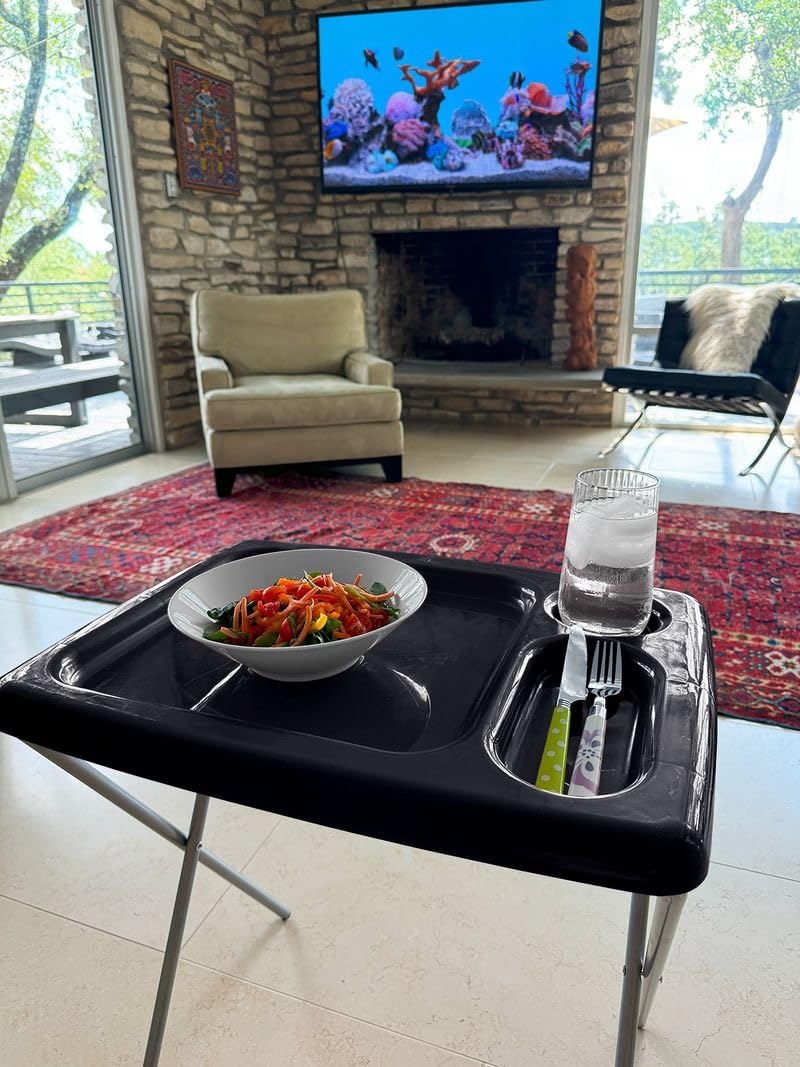 Brink House Folding TV Tray Table (Set of 2), Black, 17 x 22 x 26 inches, Portable Indoor-Outdoor Glamping Trays with Space for TV Dinners, Laptop, Utensils, and Drinks