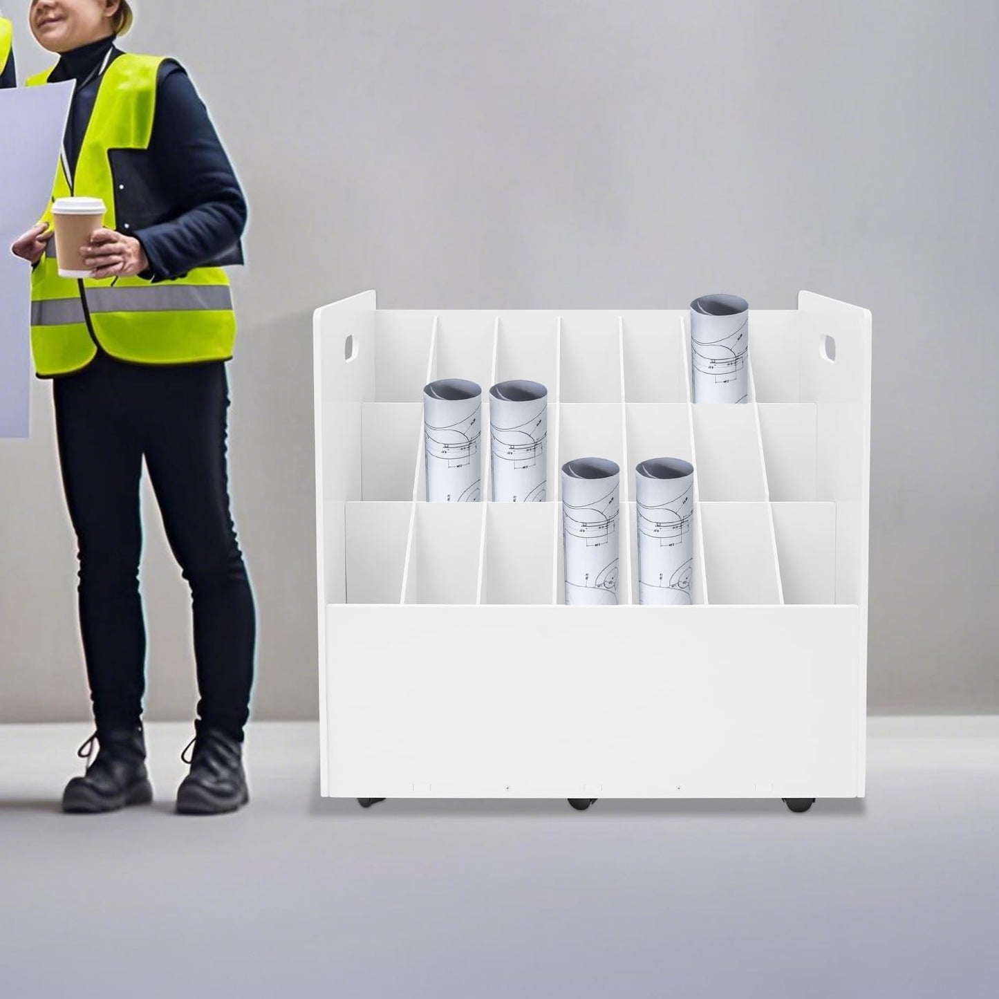 KJNHhugH Blue Print Storage Organizer, 21 Slots Mobile Roll File Cart Blueprint Cabinet with Wheels File Storage Rack Roll Document Holder for Office and Home (White)