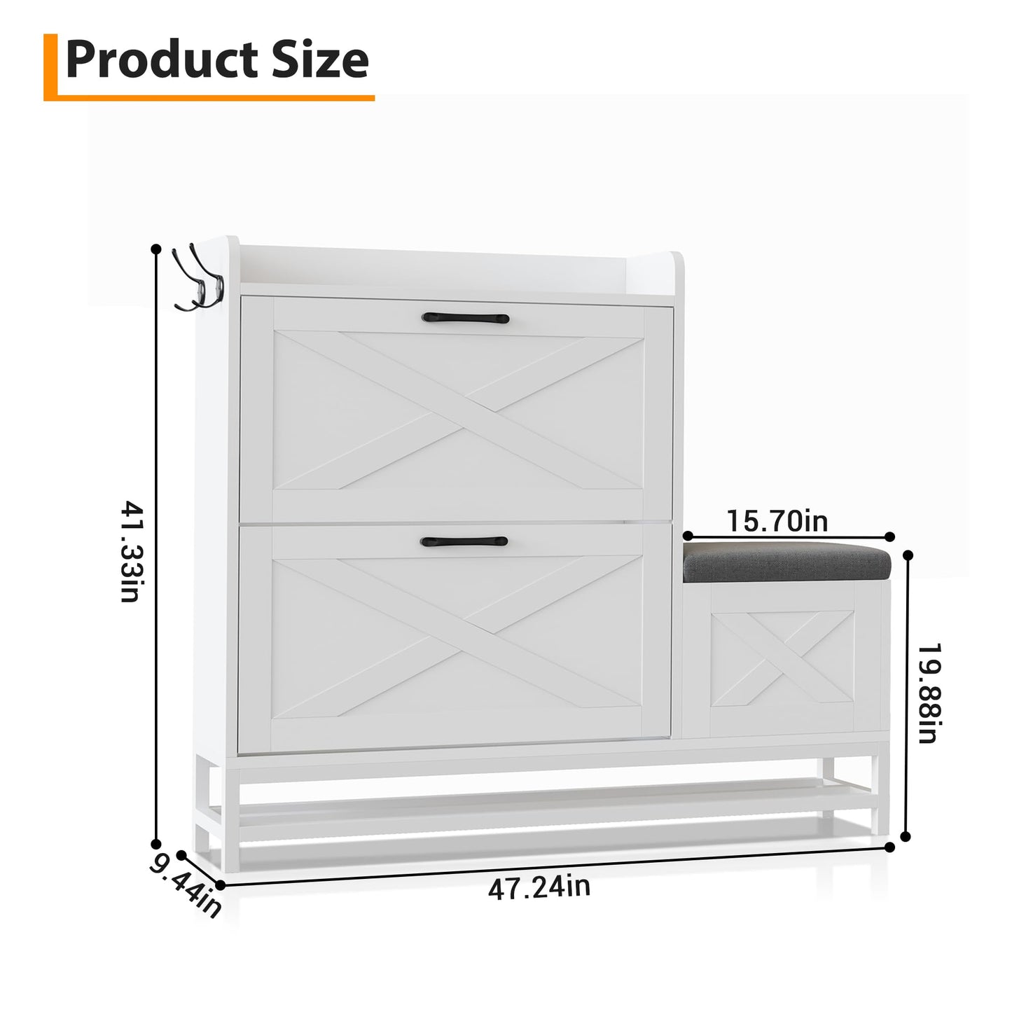 BouPower Shoe Cabinet with Bench, Farmhouse Narrow Slim Shoe Storage Cabinet 2 Flip Drawers for Entryway, Living Room, Hallway, White