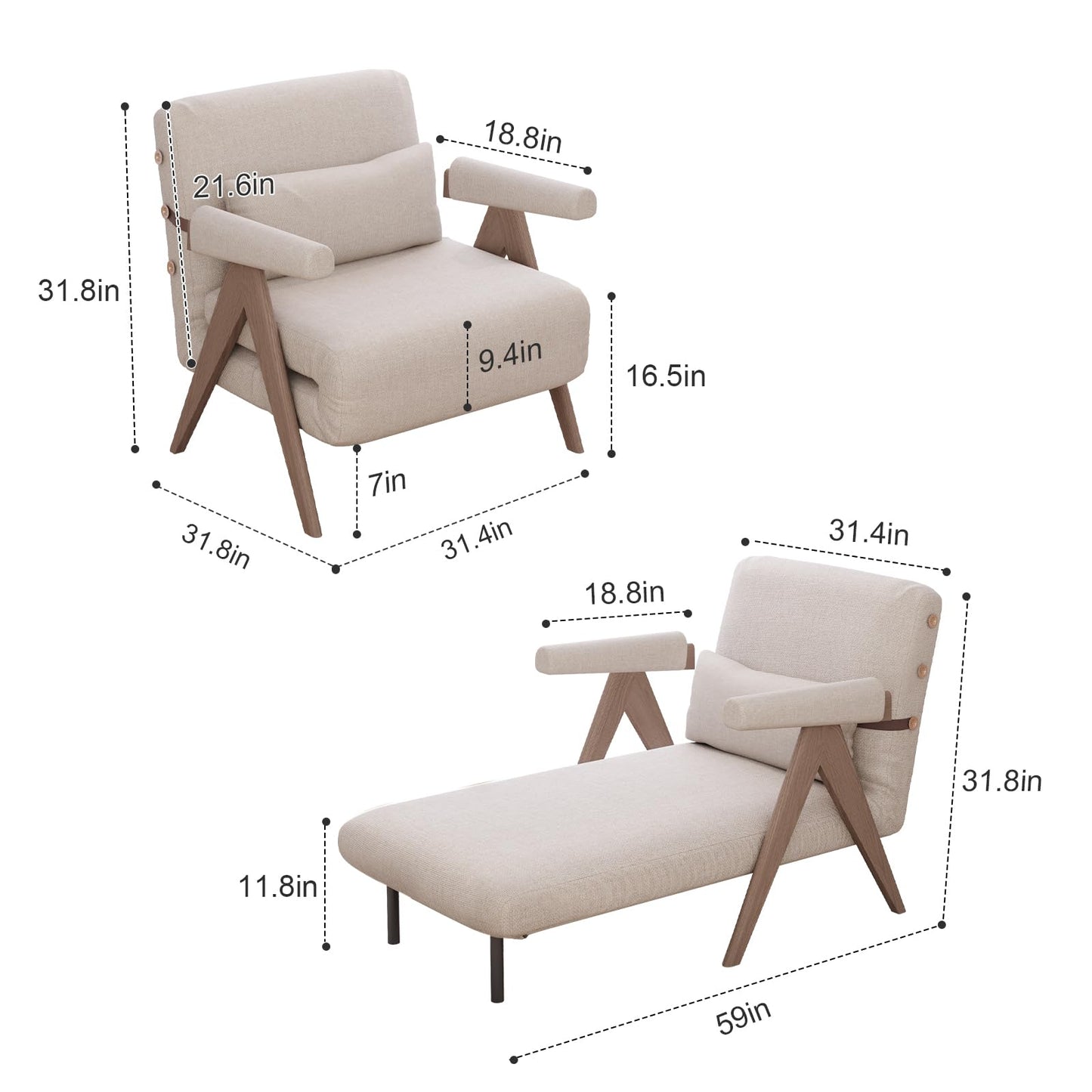 KungFuWood 32inch W Convertible Chair Bed Sleeper 3 in 1 Sleeper Sofa Couch Bed,Adjustable Backrest Futon Sofa Bed Chair,Small Space Sleeper Sofa for Living Room, Bedroom,Home Office,Beige,White