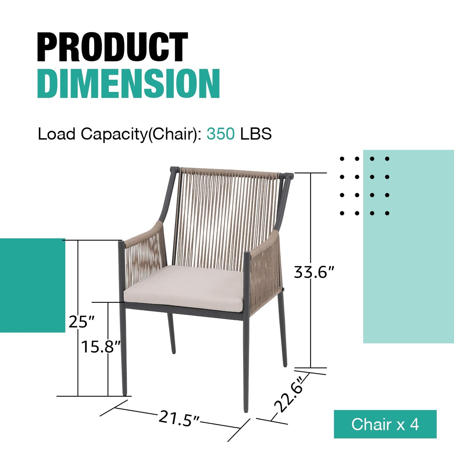 Patiorama Outdoor Dining Chairs Set of 4, Woven Rope Patio Dining Chairs, All-Weather Embossed Wicker Rattan Chairs, Outdoor Patio Chairs with Cushion & Integrated Armrest for Backyard, Light Beige