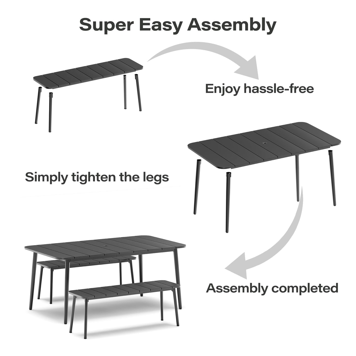LAUSAINT HOME 3 Pieces Outdoor Patio Dining Set, Outdoor Dining Table and Chairs Set with Metal Table and Umbrella Hole,Patio Furniture Sets for Garden Backyard Deck Balcony with 2 Benches