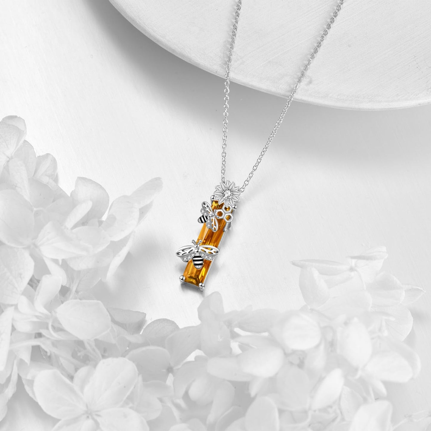 Grmdit Bee Necklace S925 Sterling Silver Honeybee Pendant Necklace with Yellow Crystal Jewelry Gift for Women Bee Lover