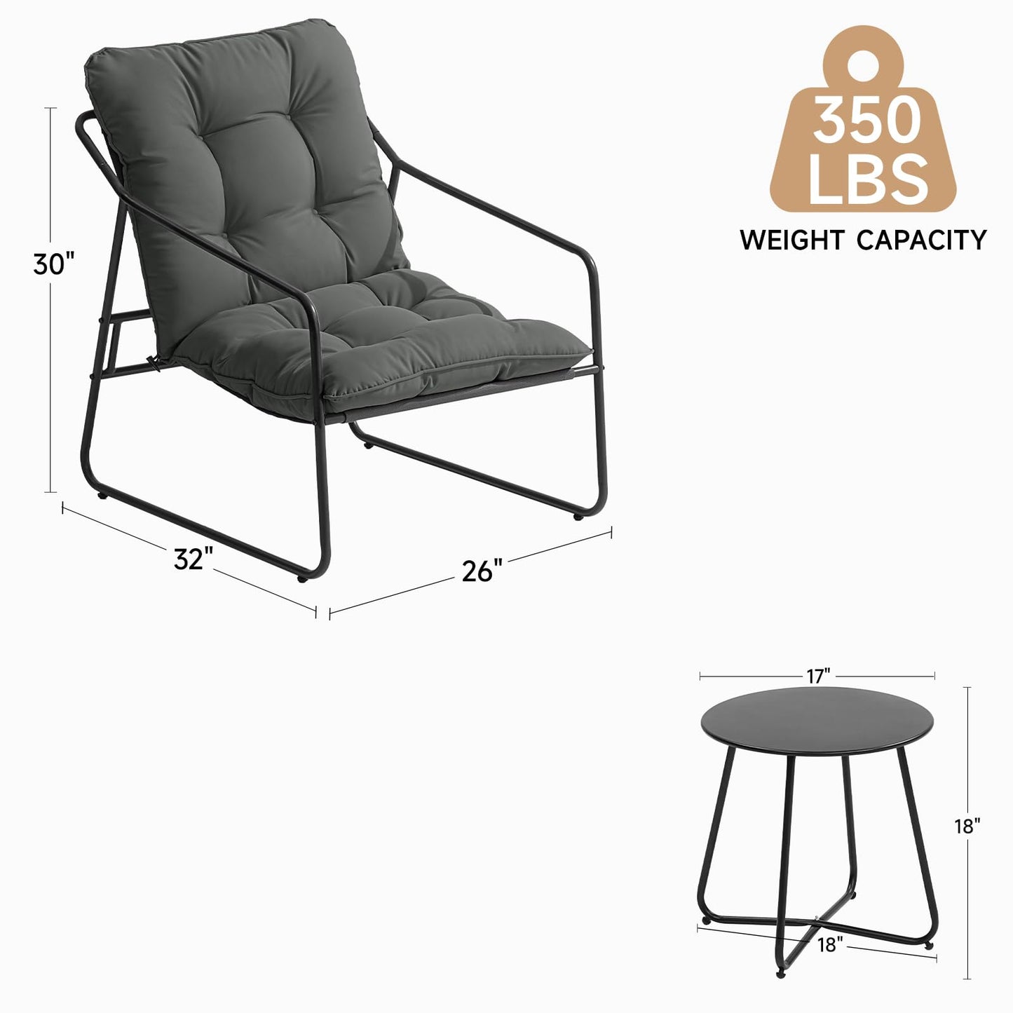 ONBRILL 3 Pieces Patio Furniture Set, Outdoor Conversation Set with 2 Outdoor Chairs and Coffee Table, Outdoor Furniture for Porch Garden Poolside Balcony Backyard, Grey