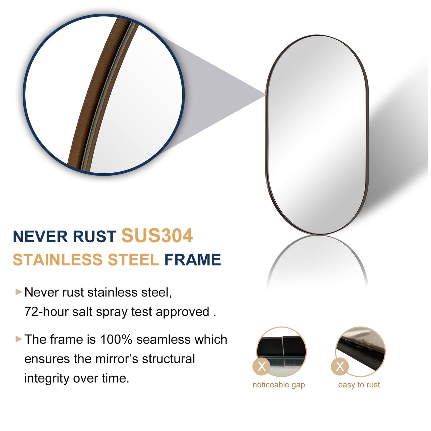 ANDY STAR Bronze Bathroom Mirror, 24x36 Brushed Bronze Oval Mirror, Oval Wall Mirror, Oval Vanity Mirror Metal Frame Deep 1’’ for Bathroom, Bedroom, Living Room, Entryway, Hang Vertical or Horizontal