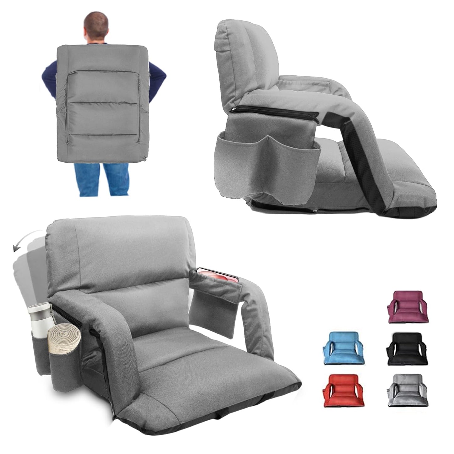 Stadium Seats with Back Support,Wide Stadium Chairs with Back and Cushion, Sofa Style Bleacher Chairs, 6 Reclining Positions, Extra Thick Bleacher Seat for Sports Events (Grey-1 Pack,Wide|22.5")
