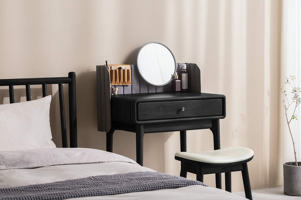 URFORESTIC Vanity Stool, Modern Makeup Dressing Stool with Concave Seat Surface,Capacity 300lb, Easy Assembly (Black)