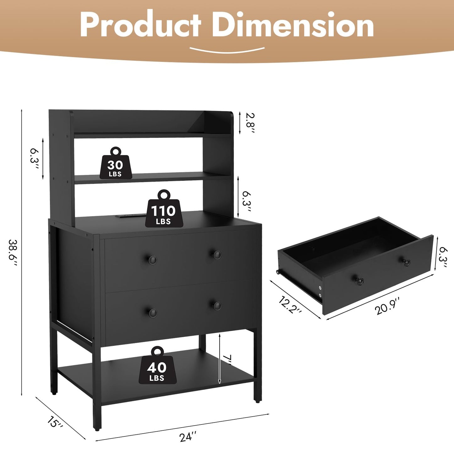 PATAVOT 24 Inch Wide Night Stand, Large Wooden Night Stand with 2 Adjustable Drawes, Tall Nightstand with 4-Tier Shelves and Charging Station, Bedside Table for Living Room/Bedroom/Office, Black.