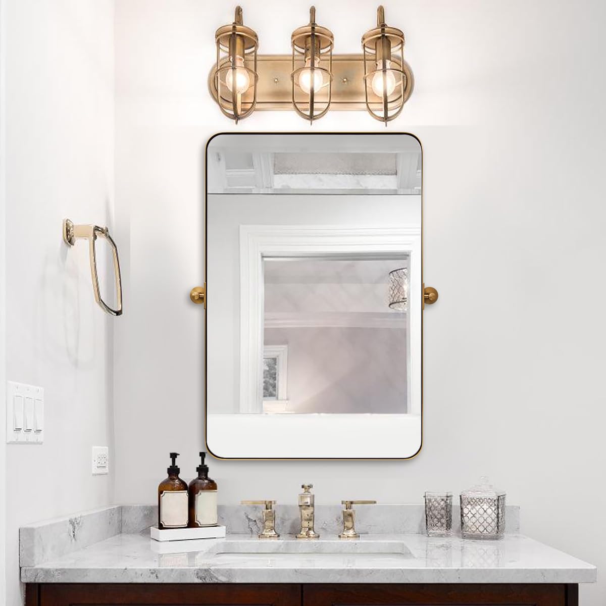 ANDY STAR 28"x36" Brushed Gold Bathroom Mirror for Wall, Brass Metal Framed Pivoting Bathroom Vanity Mirror with Rounded Corner, Tilt Rectangle Wall Mirrors Hangs Vertically Only(Overall 31.75" x 36")