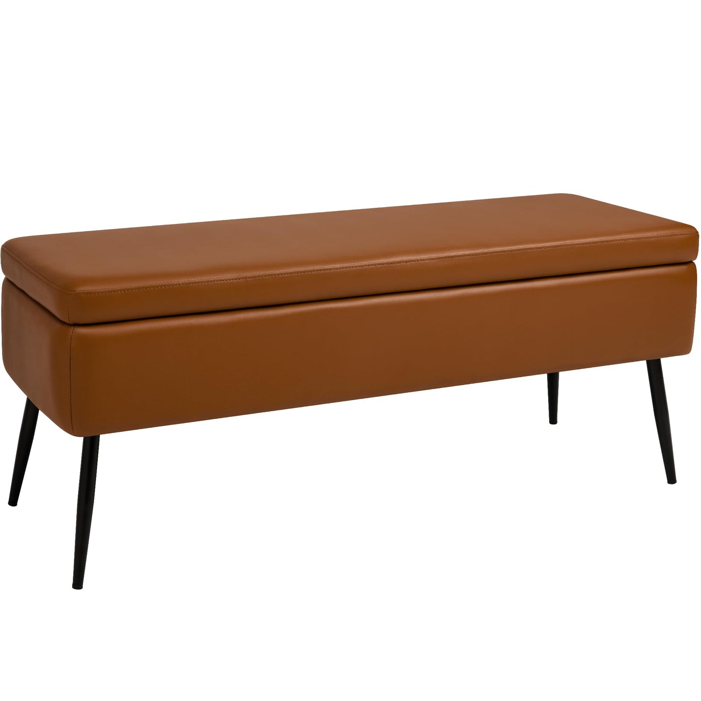 kinmars Leather Storage Ottoman Bench,End of Bed Bench for Living Room Bedroom Dinning Room Entryway,Mid-Century Modern,Faux Leather,with Steel Legs,Safety Hinges,Loads 660 lb (Without Button, Brown)