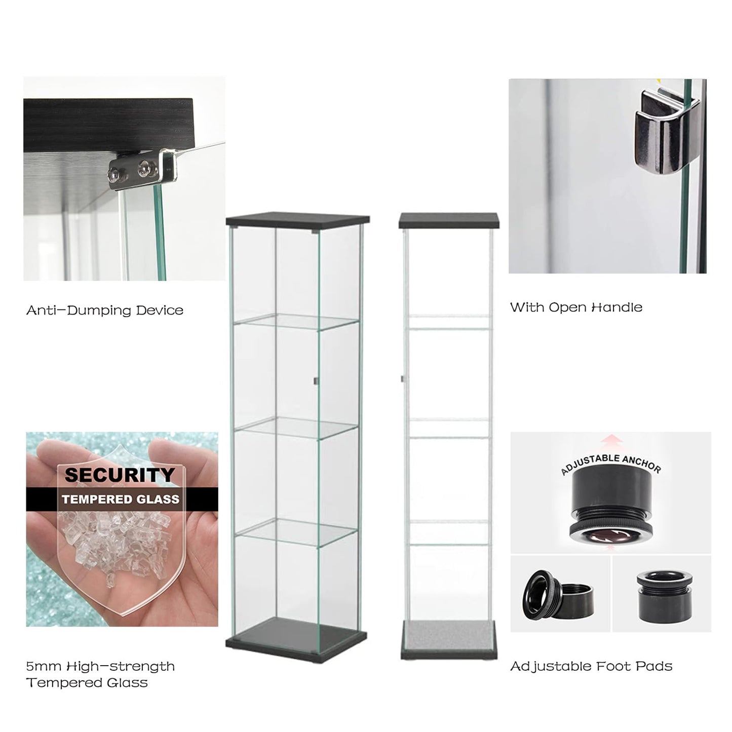 Zacis 4-Tier Tempered Glass Display Cabinet with Glass Door, Floor Standing Curio Cabinet Collection Showcase, 17" W x 14.5" D x 64" H (Black)