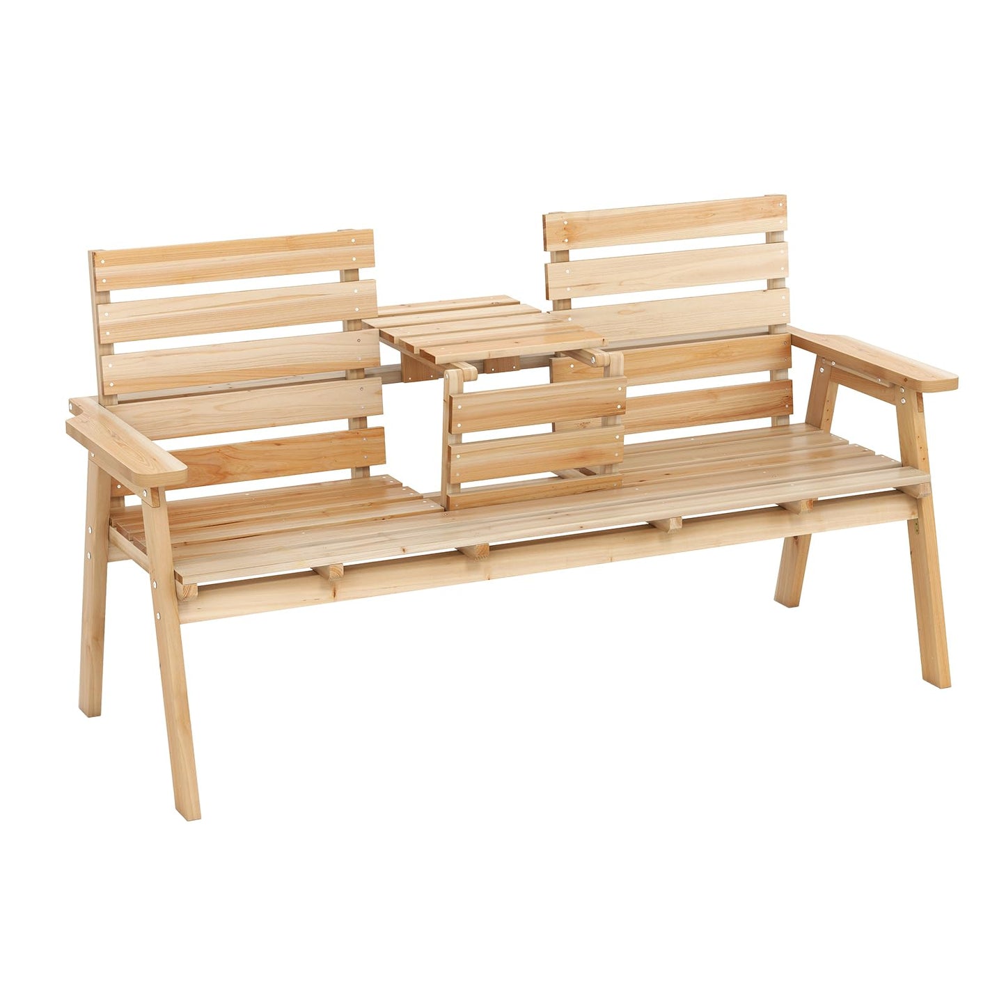 Tangkula Outdoor Fir Wood Bench with Foldable Middle Table, 2-3 Person Garden Bench with Backrest and Armrests, 710 lbs Weight Capacity, Slatted Seat Bench for Porch, Patio, Backyard