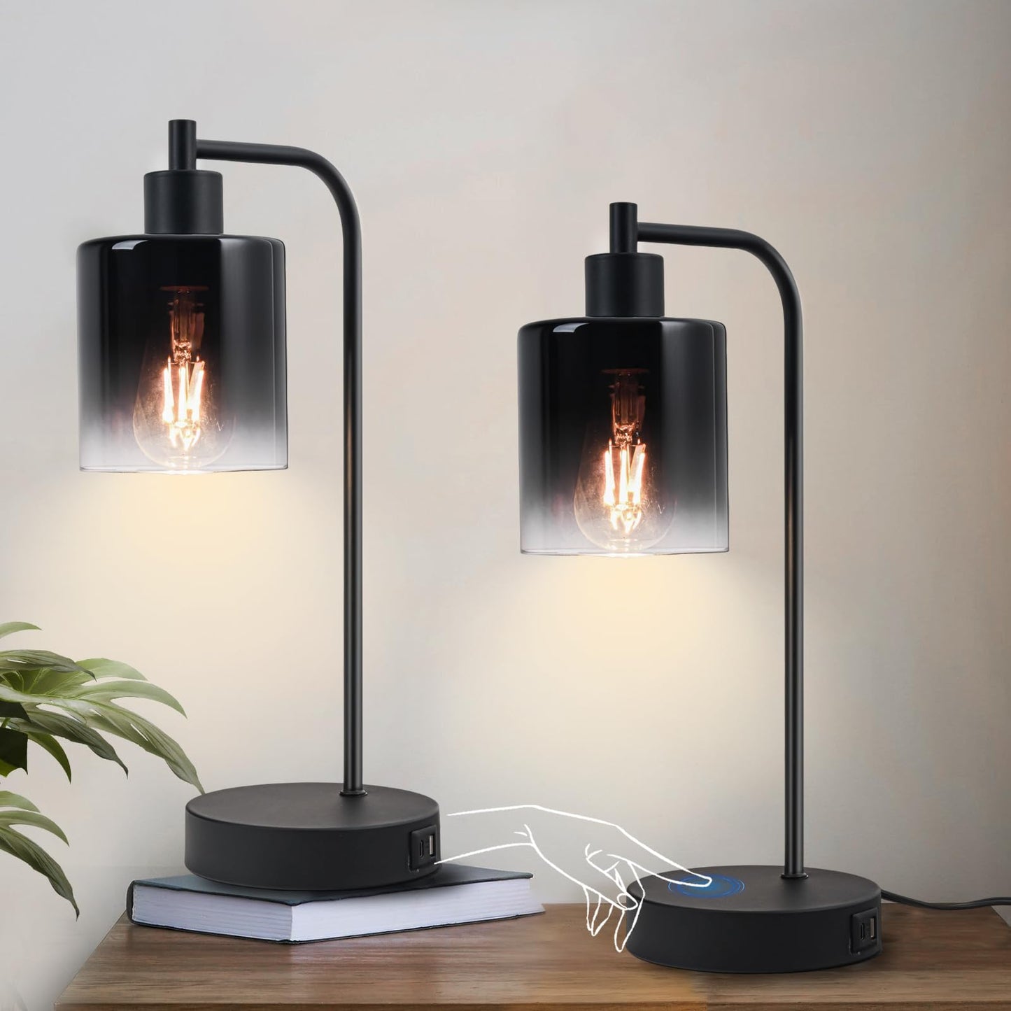 Modern Table Lamps for Bedroom Set of 2 with USB Ports, 3 Way Dimmable Touch Lamp for Night Stands, Industrial bedside lamp with charging station, Black Small Nightstand Lamp for Living Room End Table