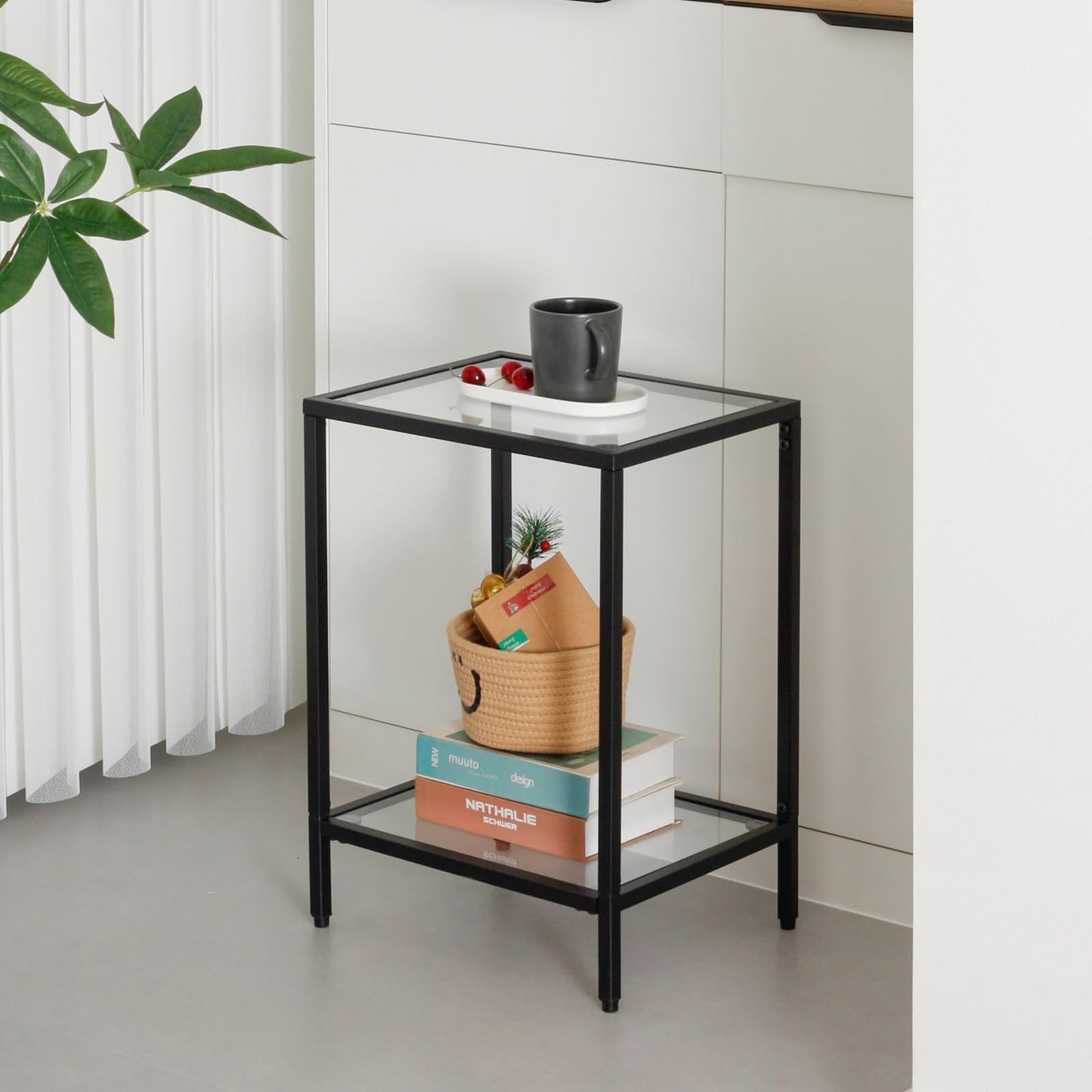 Gawicpy Modern 2-Tier Tempered Glass End Table - Stylish Black Metal Side Table for Small Spaces, Perfect for Living Room & Bedroom (Black, 2PCS)