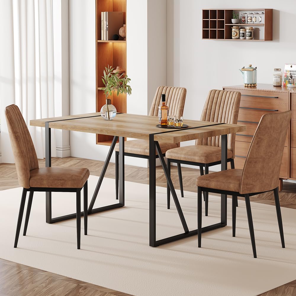 Btikita Dining Table Chairs Set for 4, Modern Rectangular Dining Room Table Set PU Leather Upholstered Dining Chairs 55" Dinner Table Set for Kitchen, Dining Room (Dining Table Set for 4, Brown)