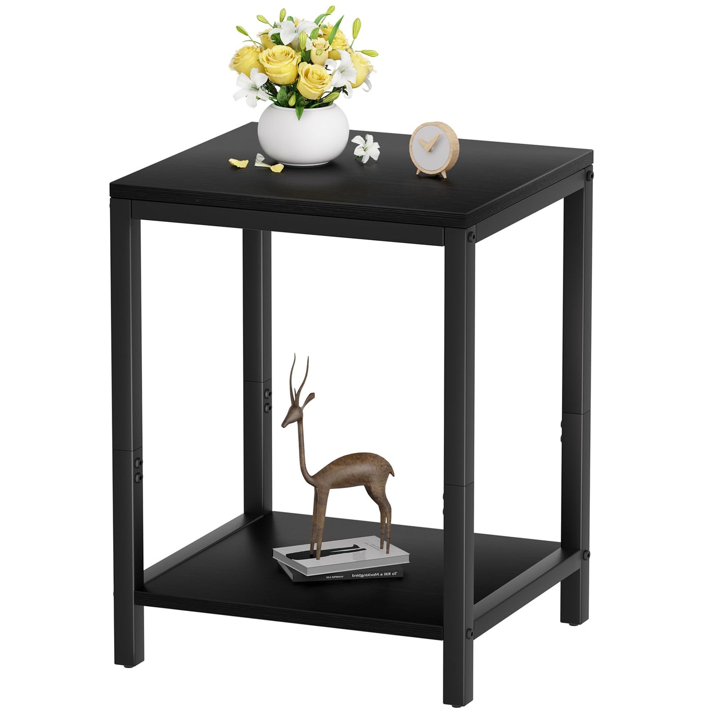 SAYGOER Black End Tables Small Side Table with Storage Wood Night Stand Metal Frames 2 Tier Bedside Table with Adjustable Feet, 1PCS, All Black