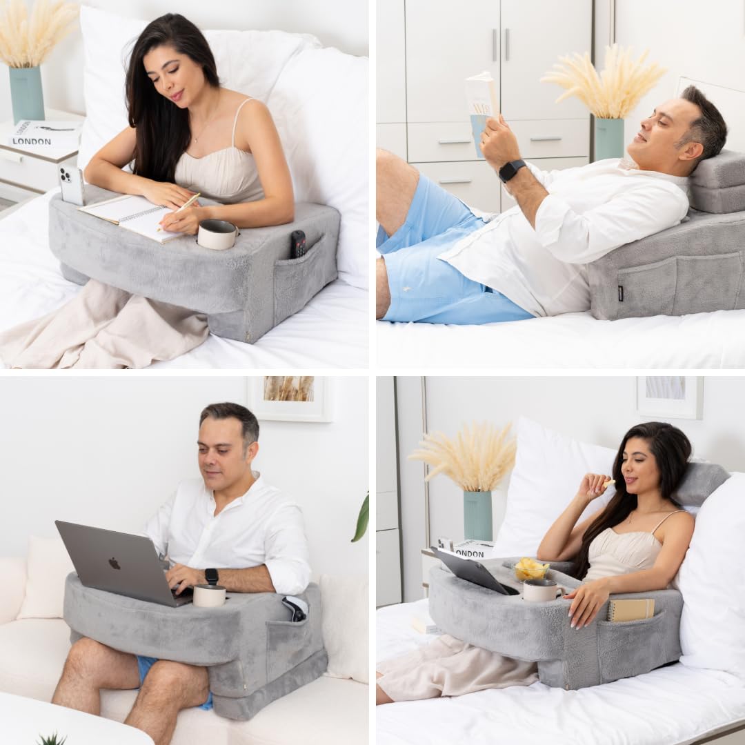Reading Pillow for Gaming – Extra Large Lap Desk & Arm Rest with Cup & Phone Holder, Adjustable Heights, Laptop Support, Large Pockets – Comfortable for Work, Gaming & Crocheting (Furry Grey)