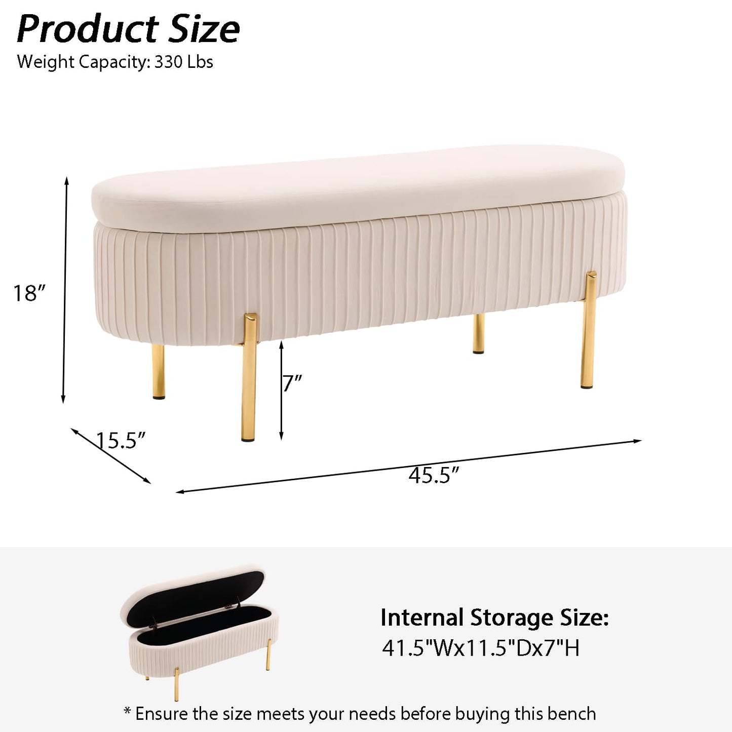 AIITTCC Velvet Storage Bench for Bedroom Upholstered End of Bed Bench Modern Ottoman with Gold Legs for Living Room/Window/Entryway (Ivory White, Oval-45.5" W)