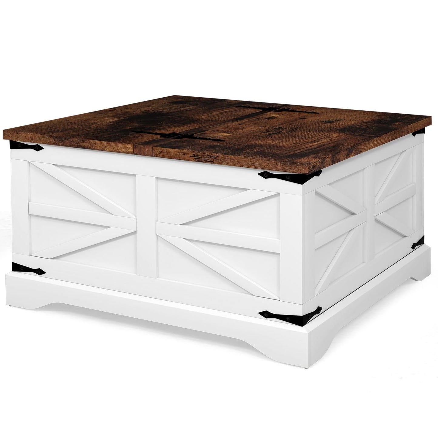 oneinmil Farmhouse Coffee Table with Storage Organizer, Square Coffee Tables with Large Storage Space, Center Table for Living Room, Bedroom, Home Office, White