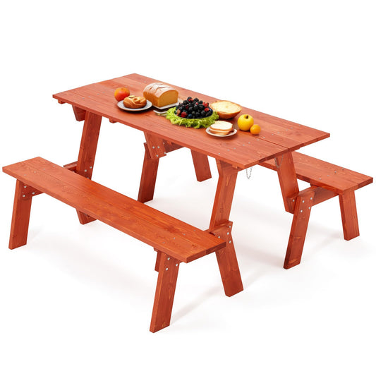 ECOTOUGE Wood Picnic Table Bench Set, All-Weather Patio 2-in-1 Convertible Dining Benches w/Heavy Duty Wooden Frame for 6-8 Adults, 5 Feet, Red