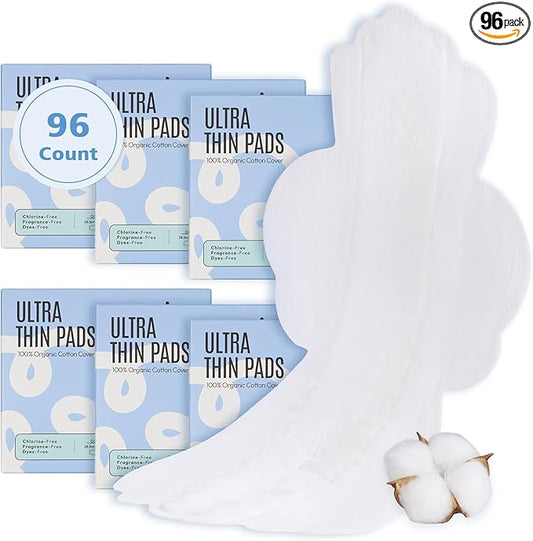 100% Large Organic Pads for Women, Ultra Thin Heavy Flow Sanitary Pads with Wings, Super Absorbency Feminine Pads Extra Coverage Period Pads, Unscented Cotton Pads Menstrual (Large, Size 4, 96ct)