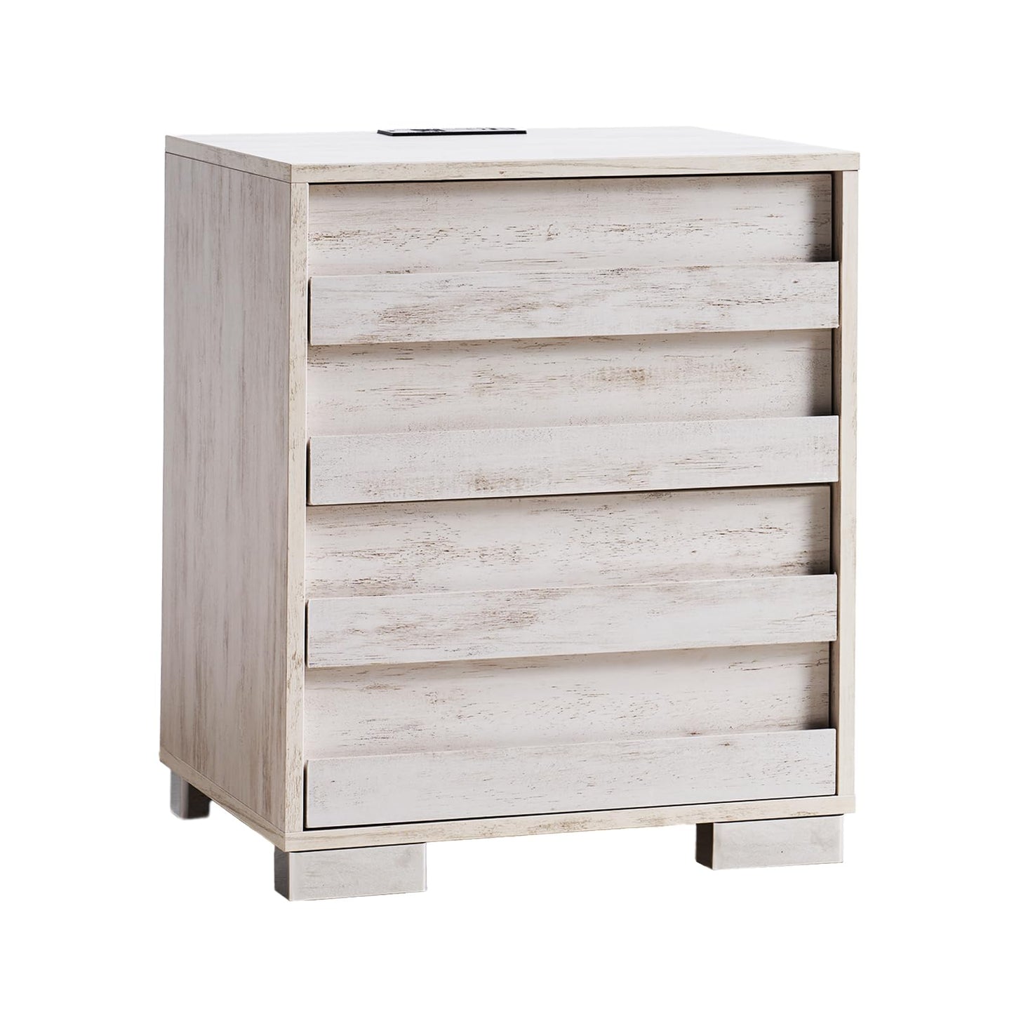 AMERLIFE Nightstand Set of 2 with Charging Station, Wood Bedside Table with 2 Drawers, Farmhouse End Table with Slated Handles & Stainless Steel Feet for Bedroom, Living Room, Distressed White