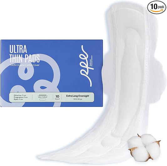 100% Organic Super Long Overnight Pads with Wings, Extra Heavy Sanitary Pad for Women Ultimate Absorbency, Ultra Thin Coverage Cotton Period Menstrual Pads (Extra Long Overnight, Size 6, 10ct)