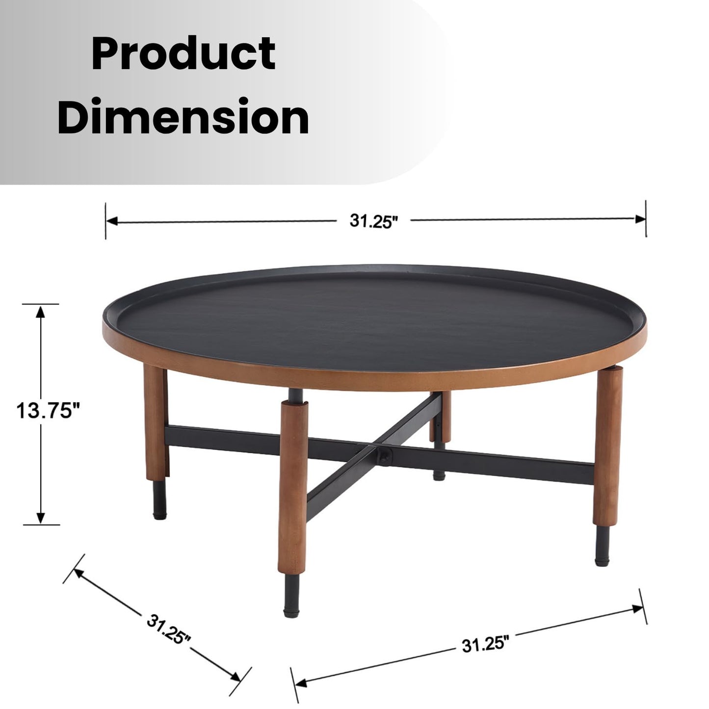 DUOMAY Modern Round Wood Coffee Table, 31.25'' Wide Center Table with X-Shaped Metal Base, Round Tubular Iron Legs Covered with Rubber Wood for Living Room, Lounge, Office, Apartment, Black
