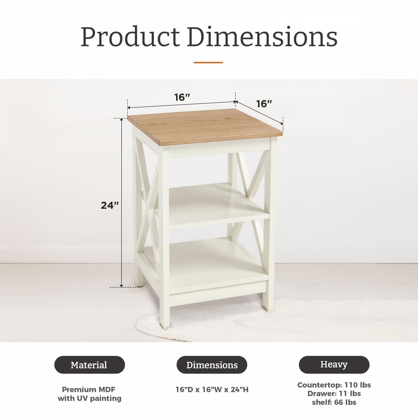 GREEN PARTY End Tables Living Room Set of 2,Side Tables with 3-Tier Storage Shelf, Small Nightstand for Bedroom, Wooden Frame,Small Coffee Table,White